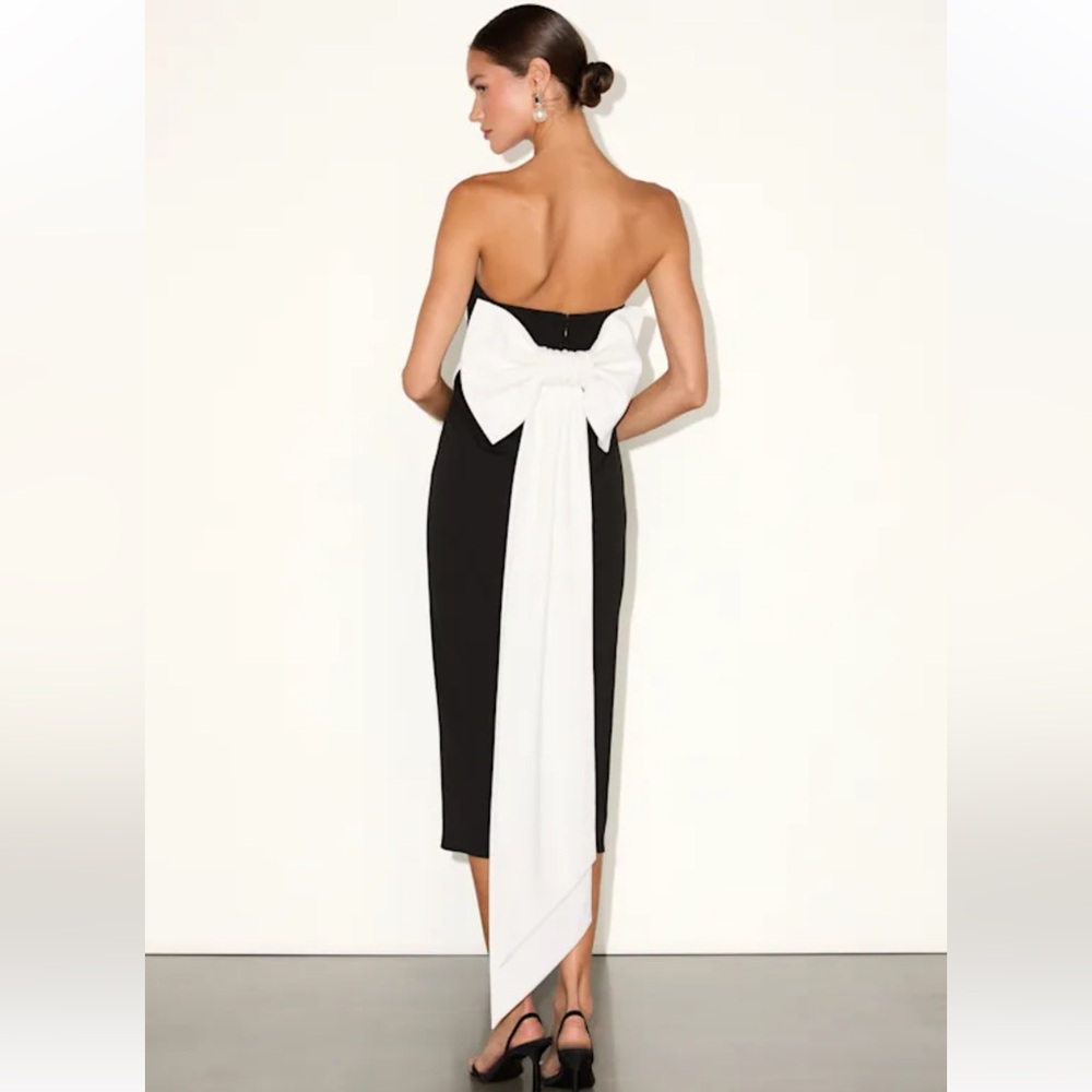 Lulus Fabulous Phenomenon Black & White strapless Bow midi dress size S NEW #3G